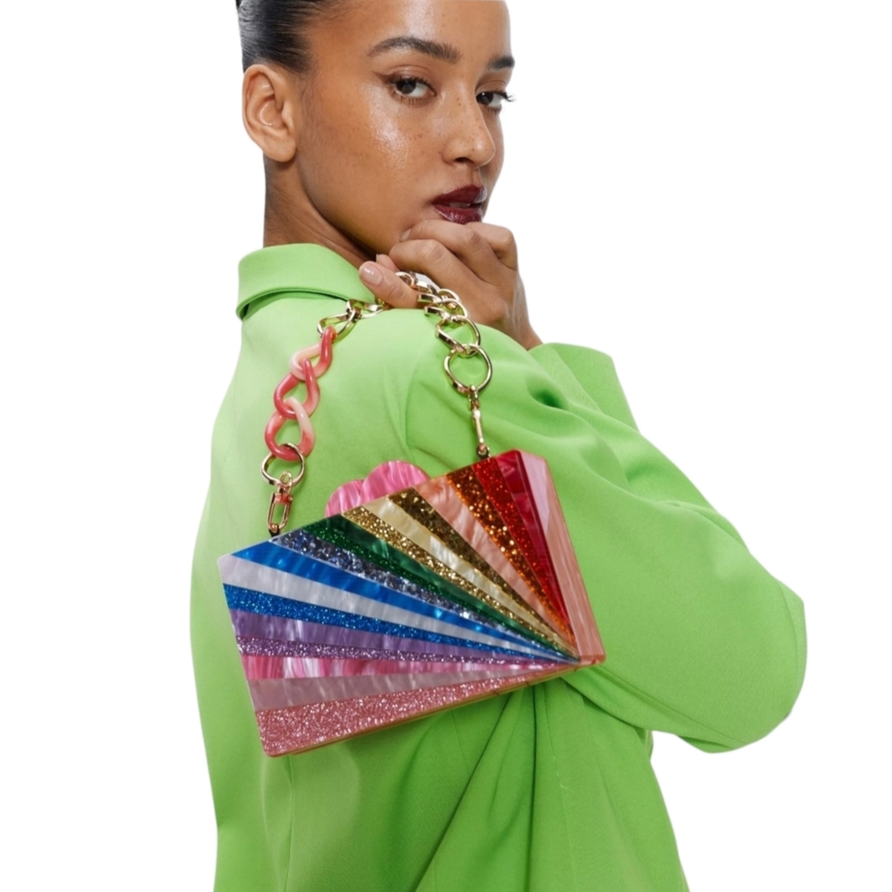 NASTY GAL Barbiecore Pink Avant Garde Lucite Rainbow Glitter Clutch